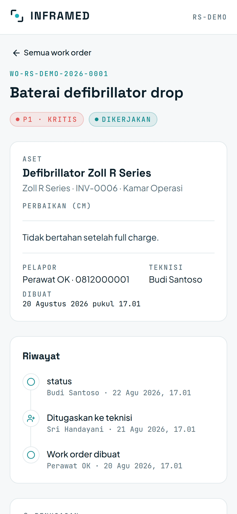 Teknisi mengerjakan work order dari HP di lapangan